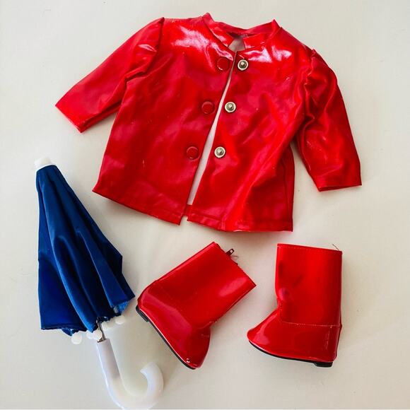 AMERICAN GIRL DOLL Red Blue White Snap Rain Jacket Coat Umbrella Boots Galoshes - Picture 1 of 9